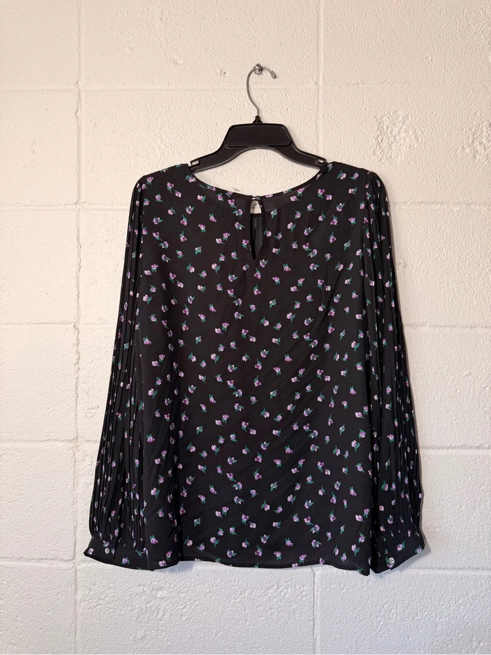 J. Crew Black Floral Pleated-Sleeve Blouse
